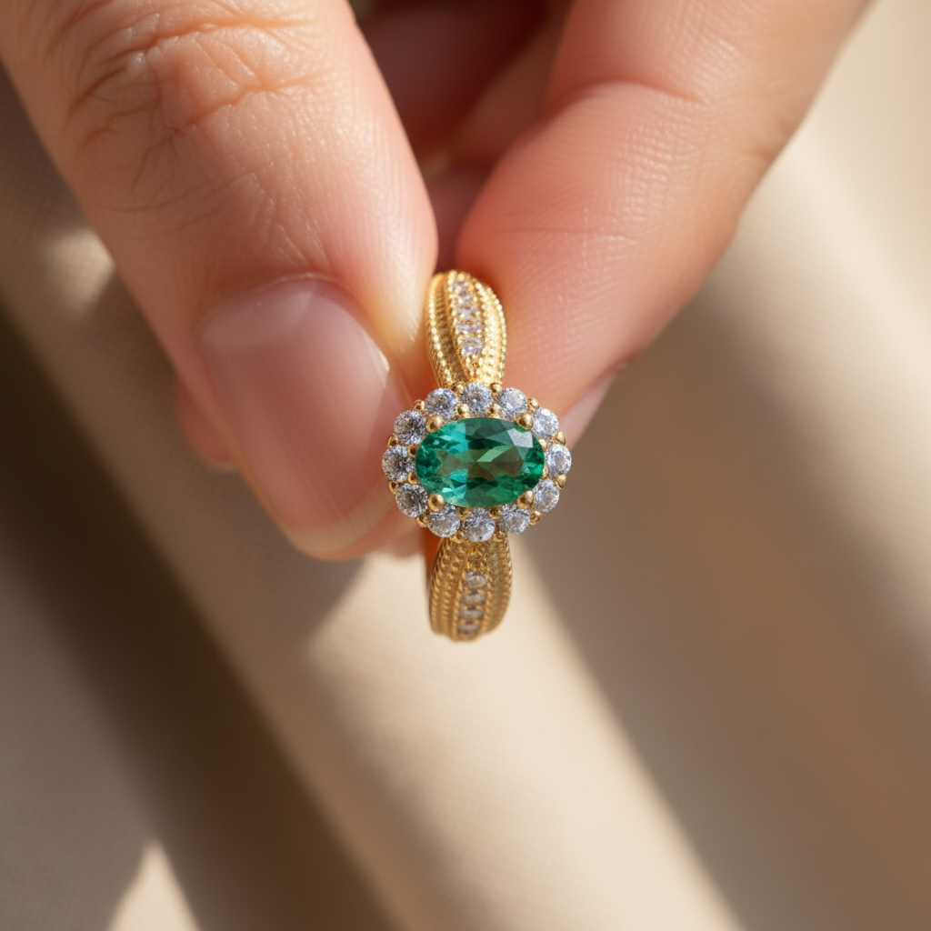 Natural Emerald Halo Ring in Sterling Silver