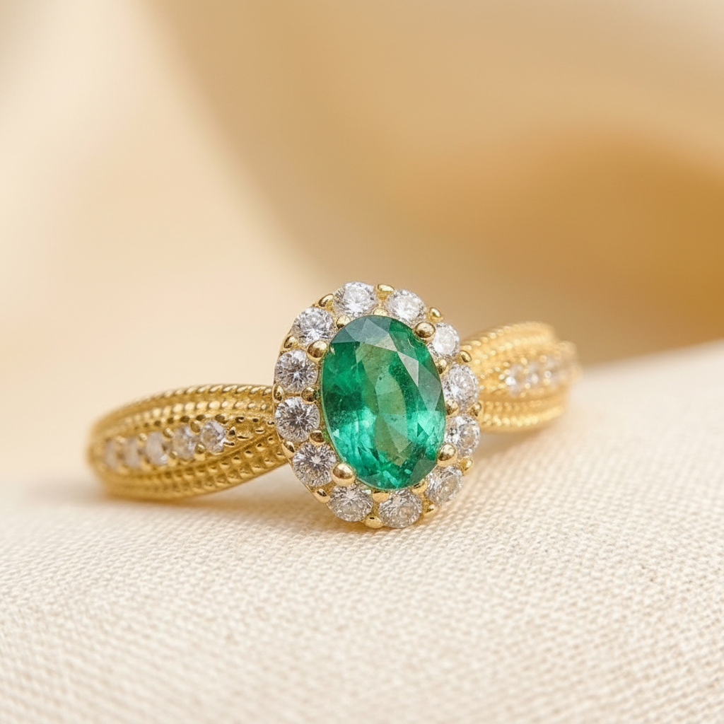 Natural Emerald Halo Ring in Sterling Silver