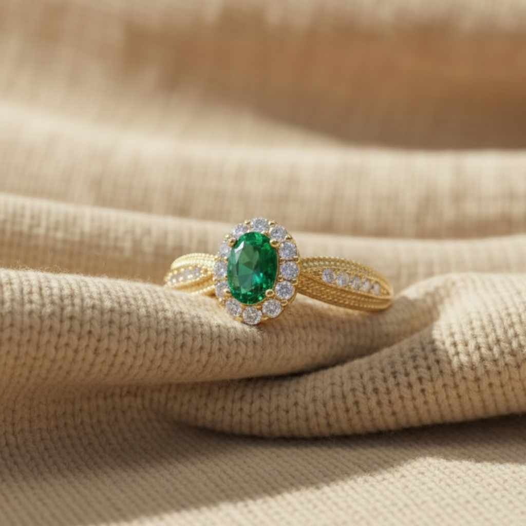 Natural Emerald Halo Ring in Sterling Silver