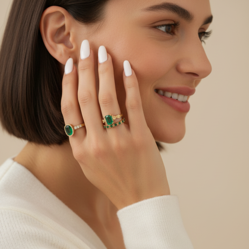 Green Zirconia Stacking Rings in Gold