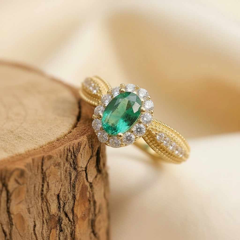 Natural Emerald Halo Ring in Sterling Silver