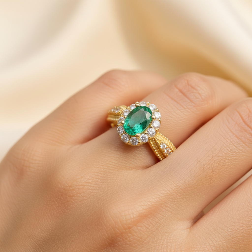 Natural Emerald Halo Ring in Sterling Silver