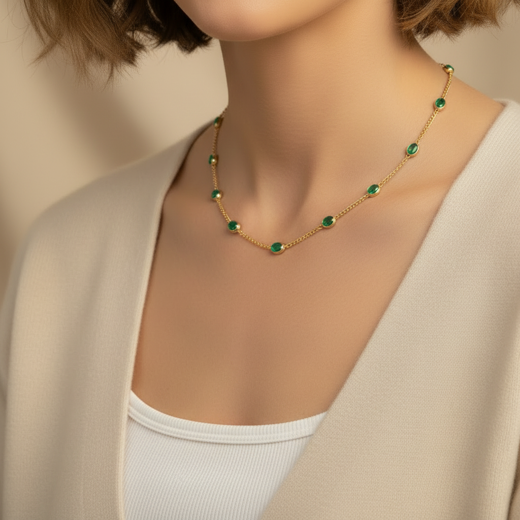 Natural Emerald Bezel Curb Chain Necklace  in Sterling Silver