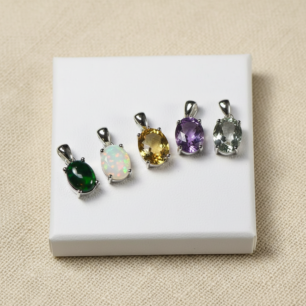 Natural Gemstone Oval Pendant Necklace in Sterling Silver