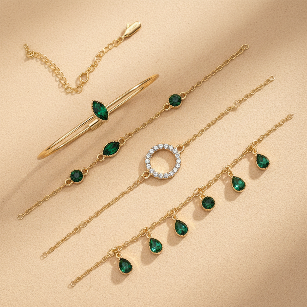 Pack Green Crystal Bracelets in Gold