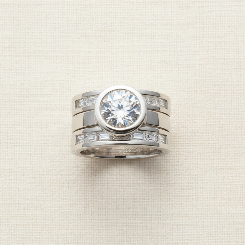 Vintage Layered Crystal Wide Ring in Silver| smaller baguette-