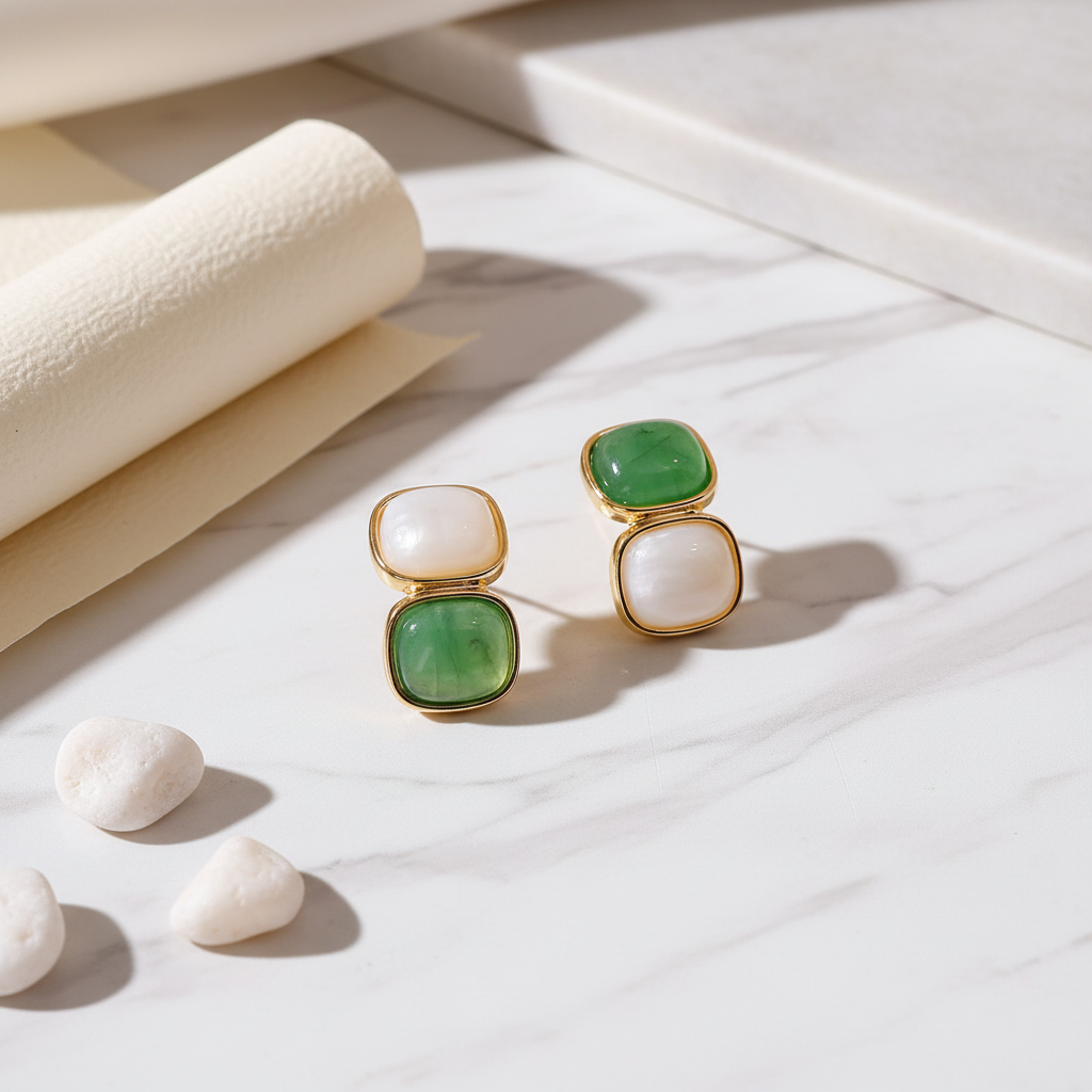 White & Green Stone Earrings in Gold