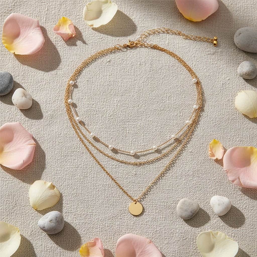 Layered Gold Plated Necklace with Pearls in Gold