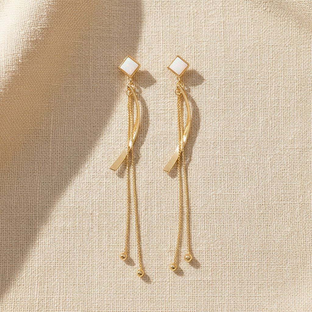 White Opal Drop Earrings in Gold