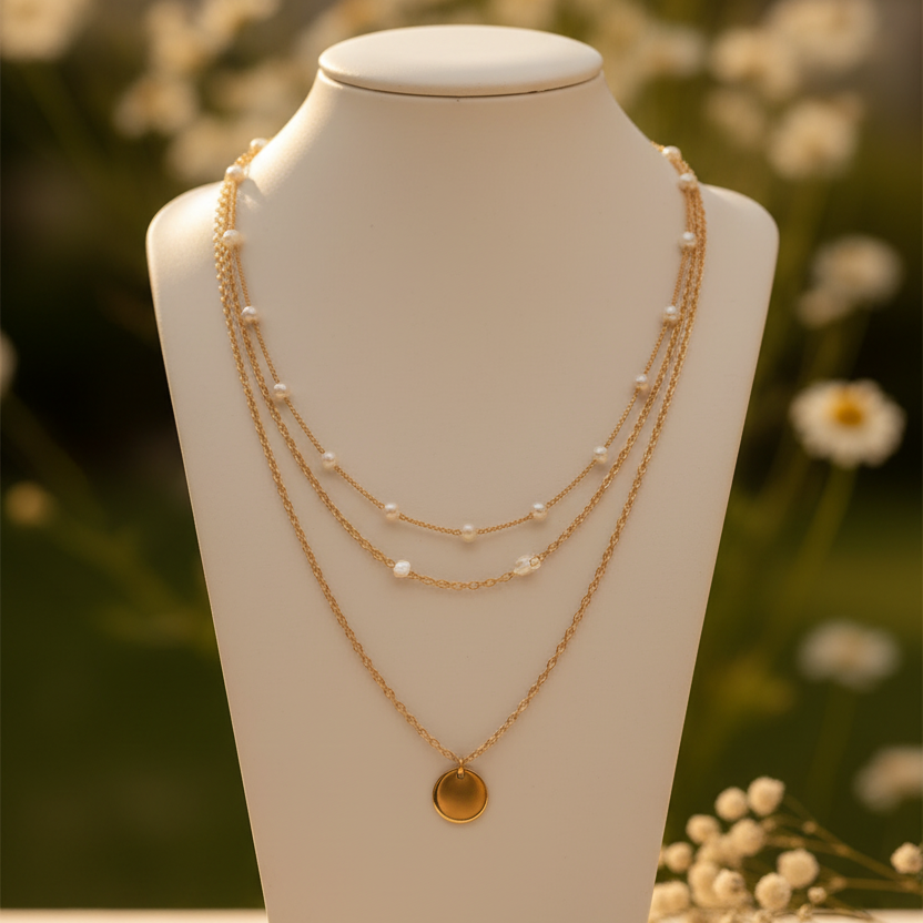 Layered Gold Plated Necklace with Pearls in Gold