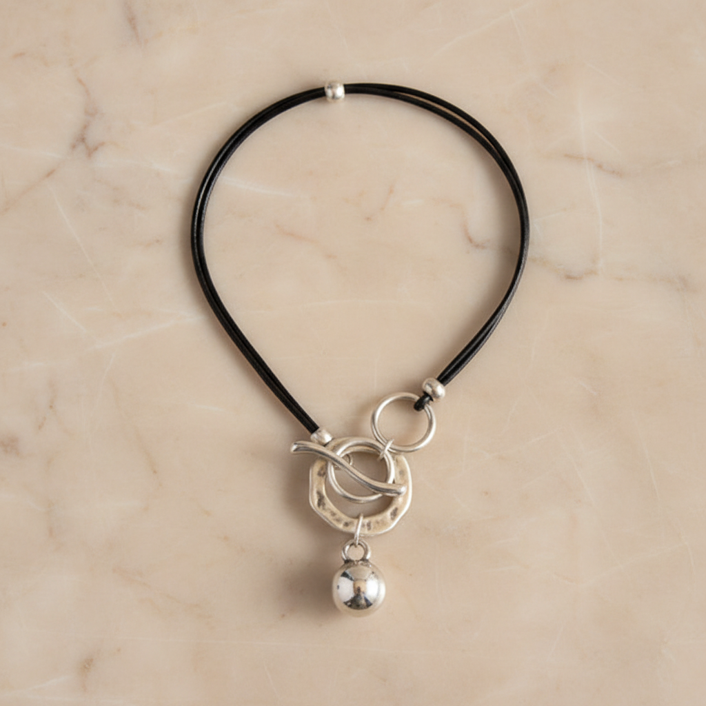 Silver Toggle Leather Cord Necklace