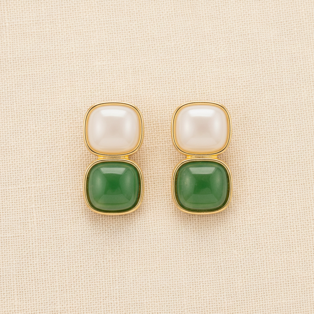 White & Green Stone Earrings in Gold