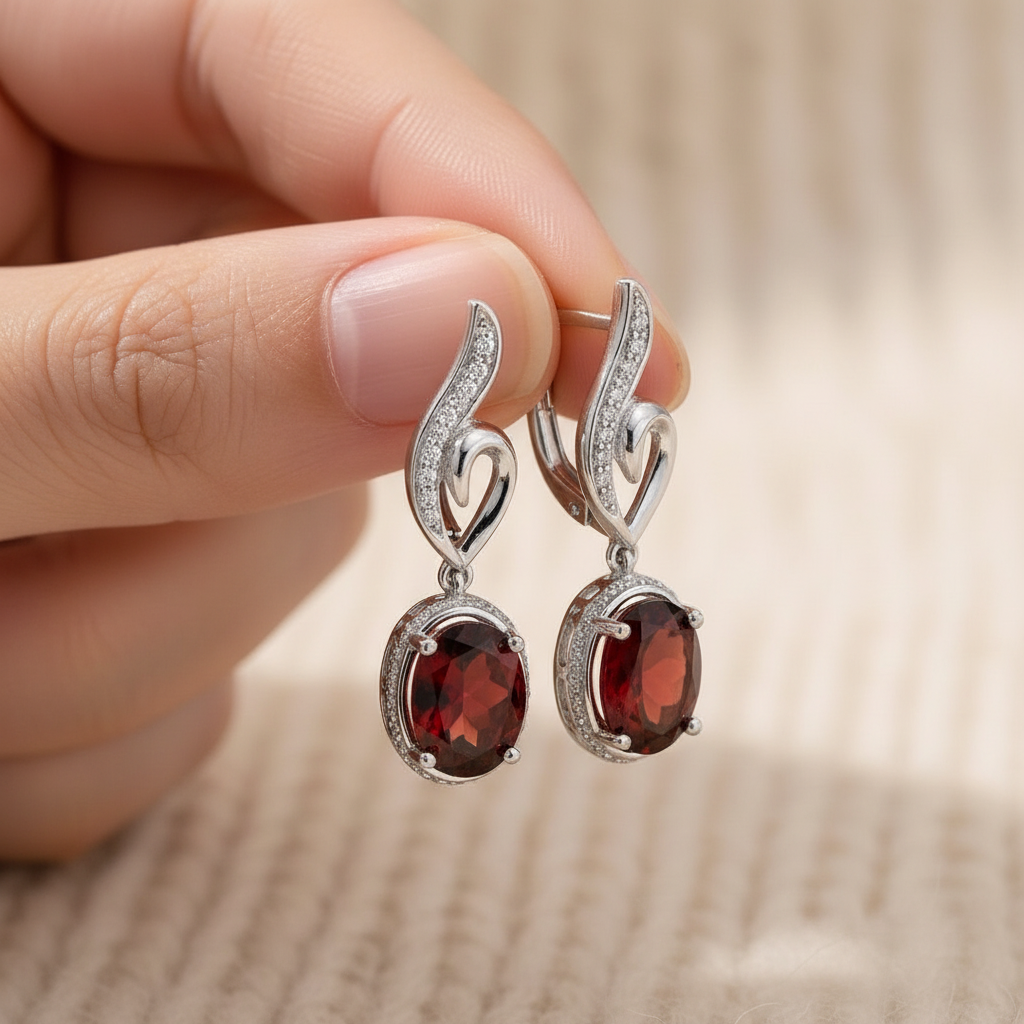 Natural Red Garnet Drop Earrings in Sterling Silver