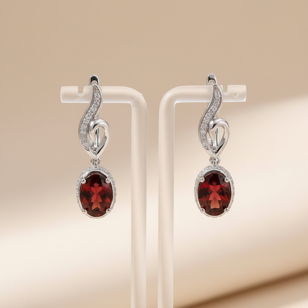 Natural Red Garnet Drop Earrings in Sterling Silver