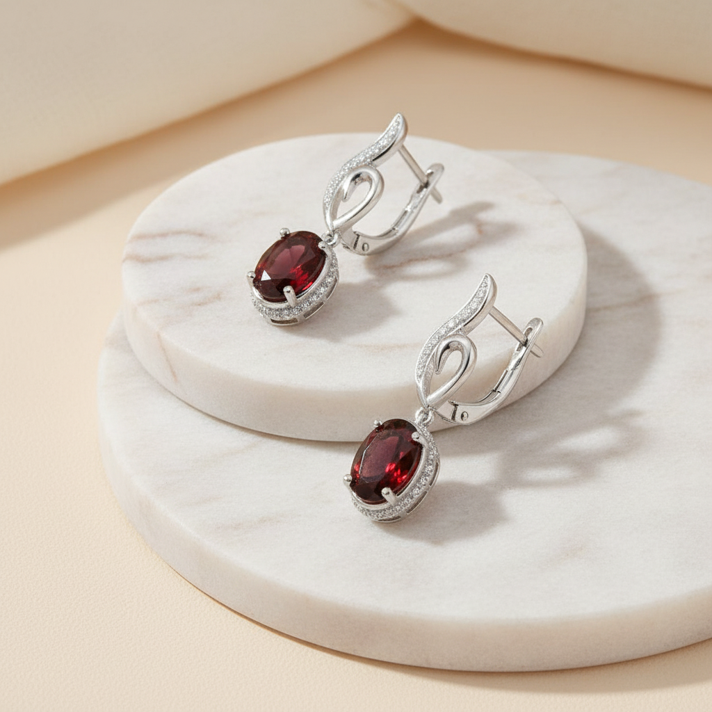 Natural Red Garnet Drop Earrings in Sterling Silver