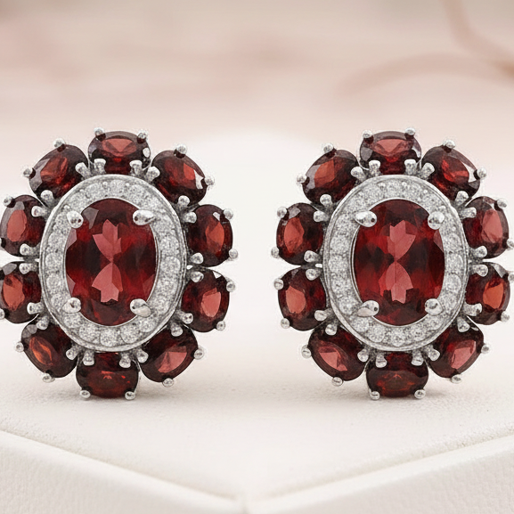 Natural Garnet Cluster Earrings in Sterling Silver