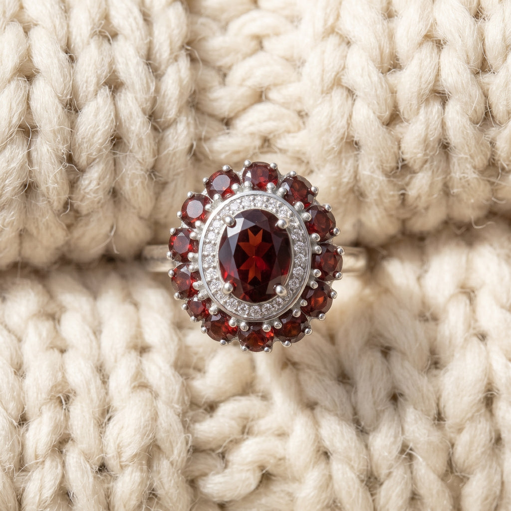Natural garnet halo ring on warm cream wool, By Sophi