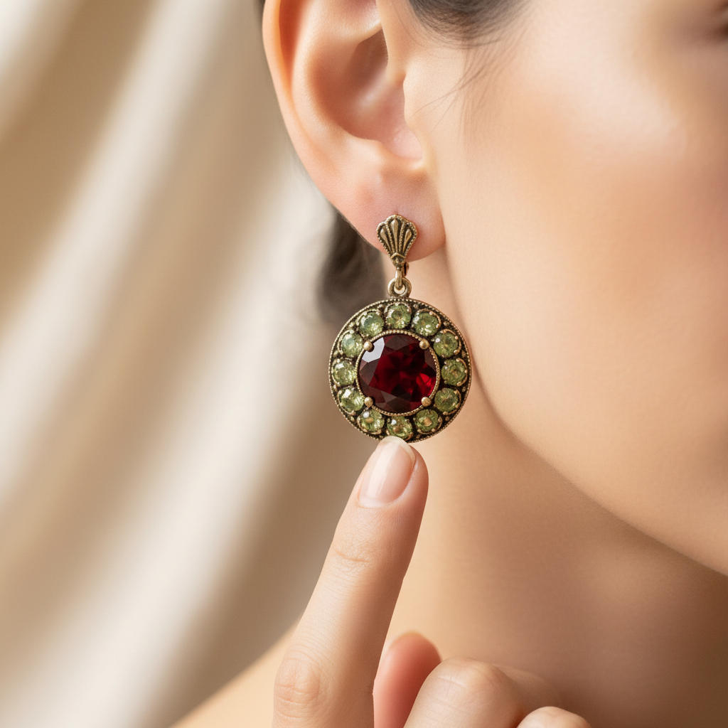 Vintage Rounded Green & Red Crystal Earrings