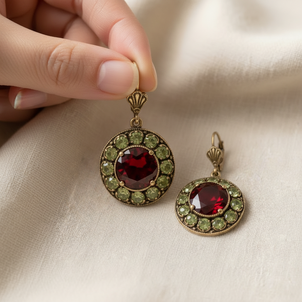 Vintage Rounded Green & Red Crystal Earrings