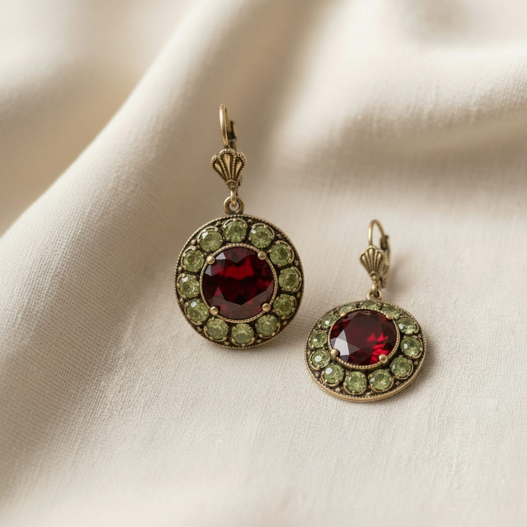 Vintage Rounded Green & Red Crystal Earrings