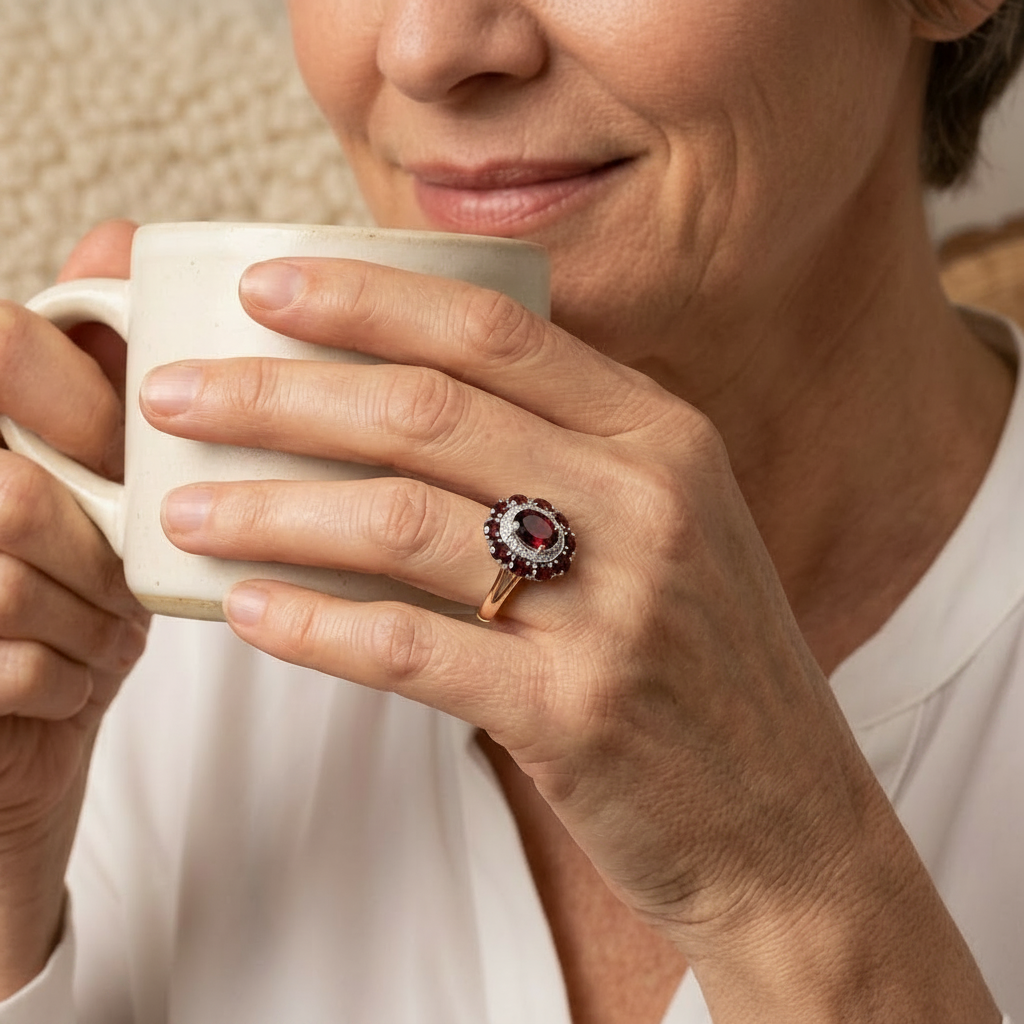 Natural Garnet Halo Ring in Sterling Silver