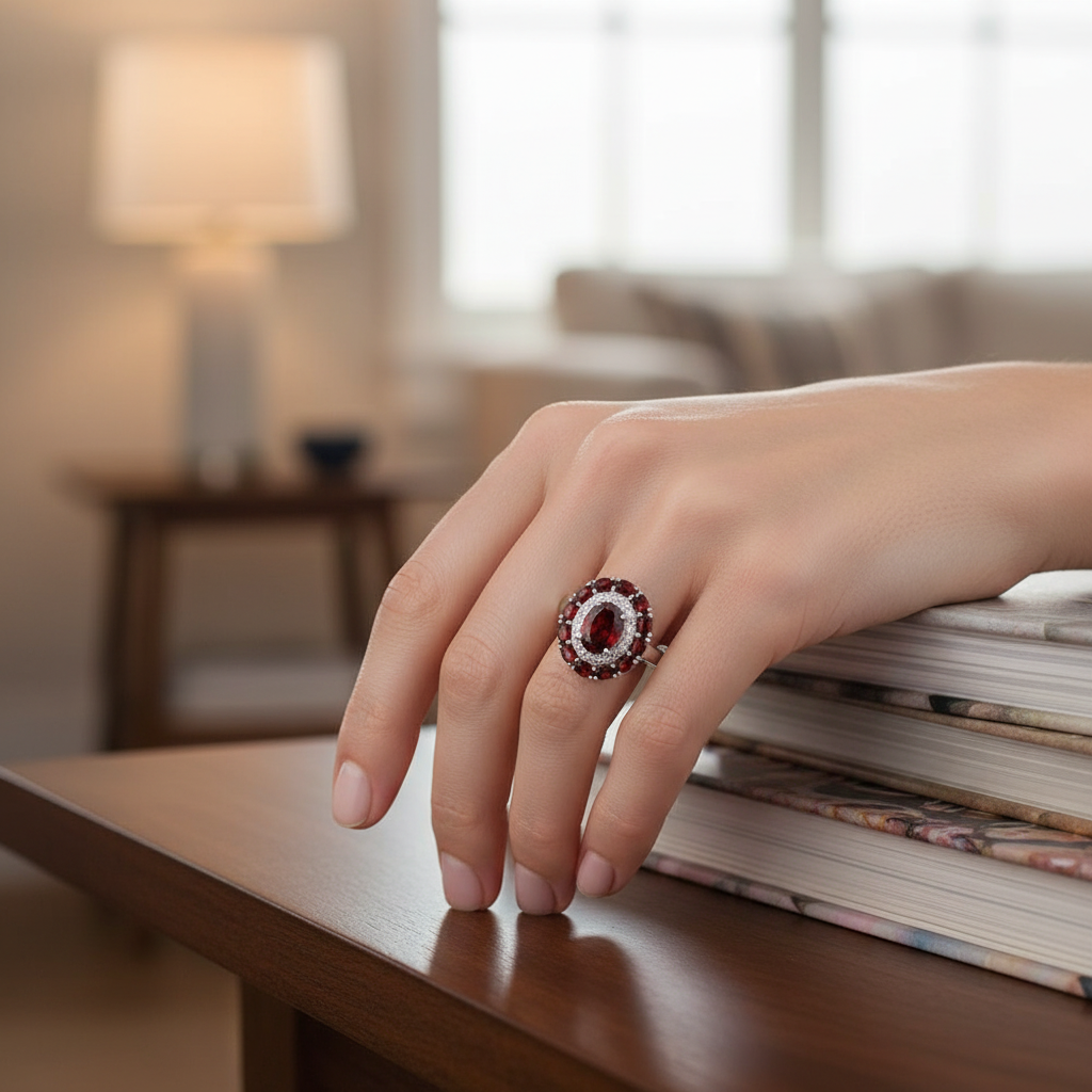Natural Garnet Halo Ring in Sterling Silver