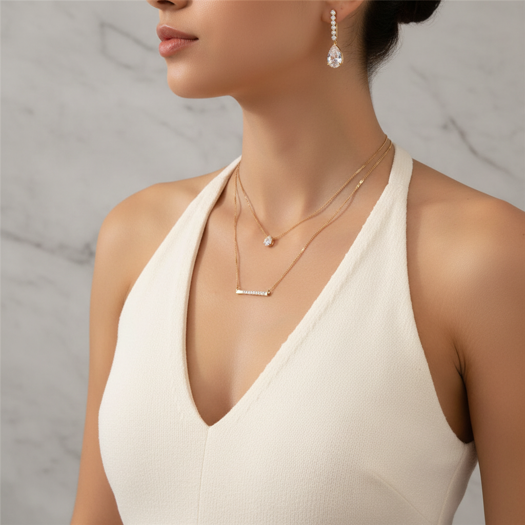 Gold Plated Bar Necklace with Zirconia