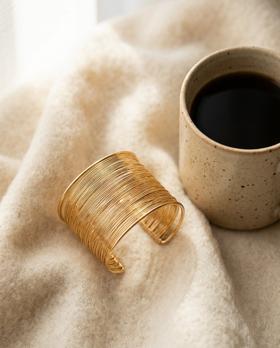 By Sophi Vintage Gold Wire Cuff Bracelet styled with a morning mug on warm cream wool