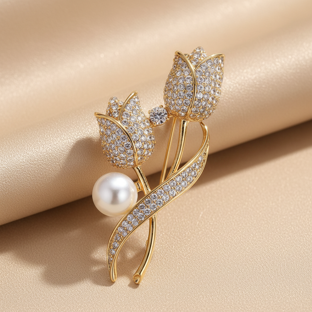 Tulip Brooch with Shiny Tulip Pearl in Gold and Silver