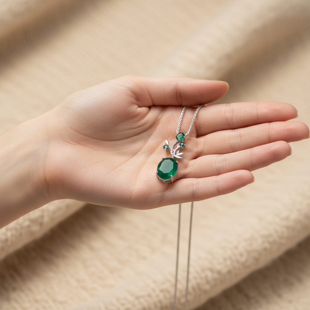 Natural Green Agate Pendant Necklace in Sterling Silver