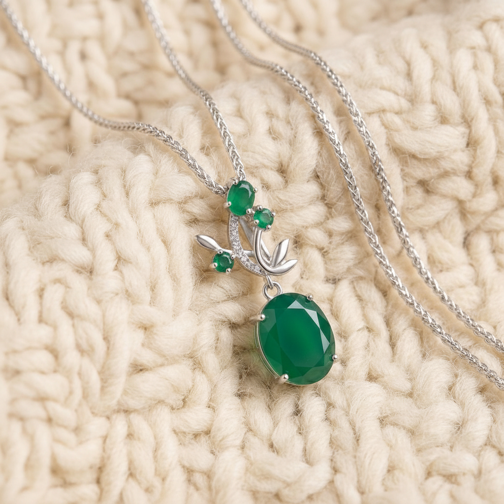 Natural Green Agate Pendant Necklace in Sterling Silver
