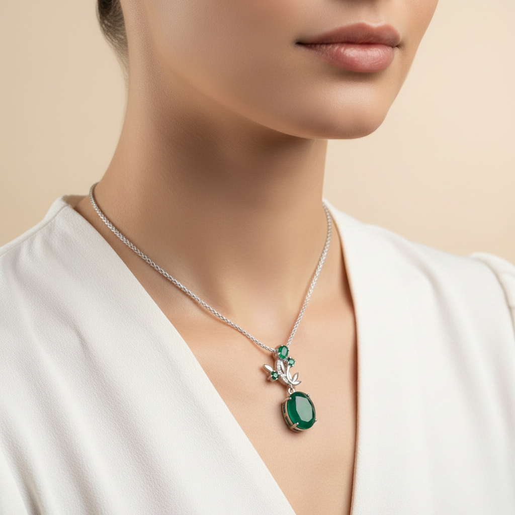 Natural Green Agate Pendant Necklace in Sterling Silver