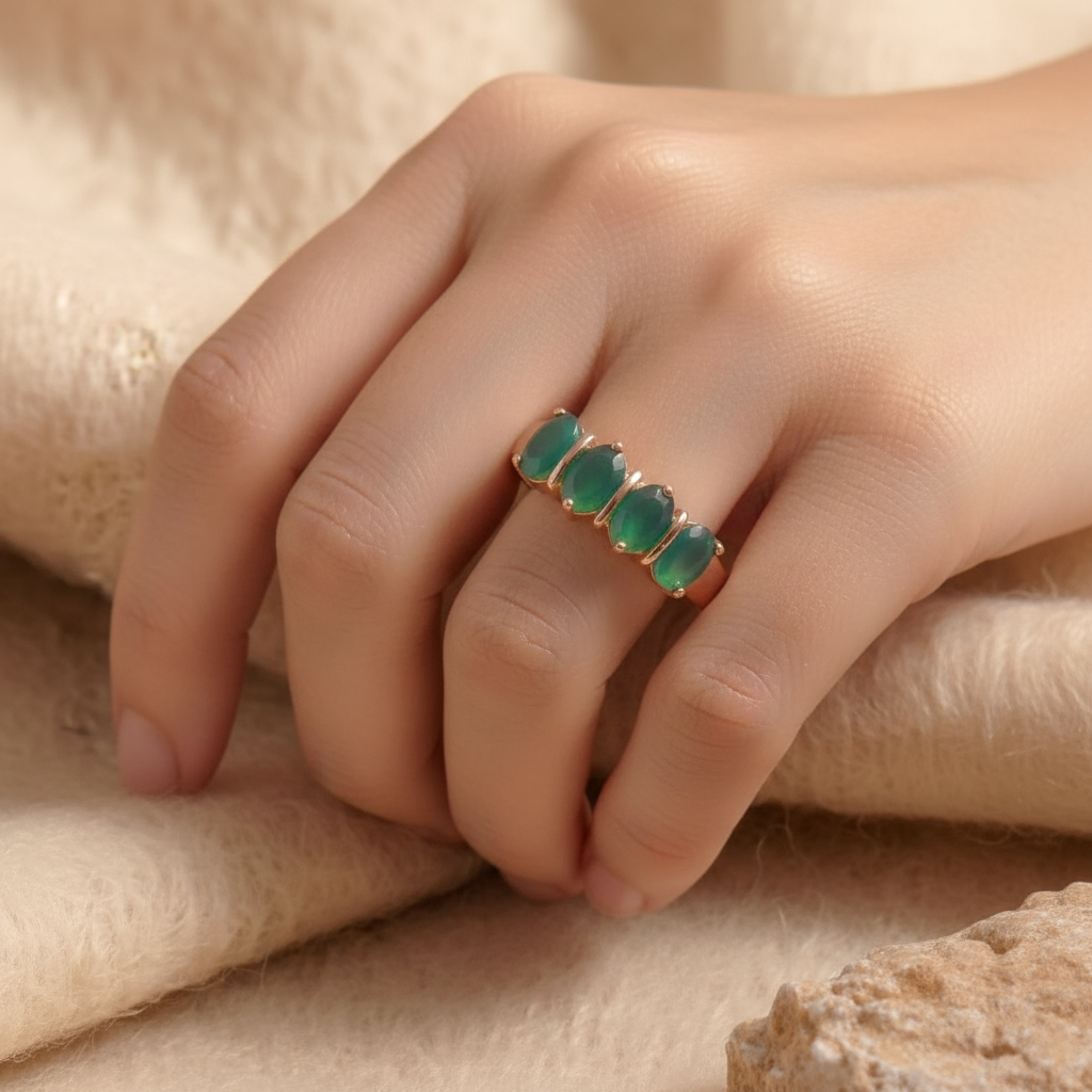 Natural Green Agate Ring & Hoop Earring Set in Sterling Silver