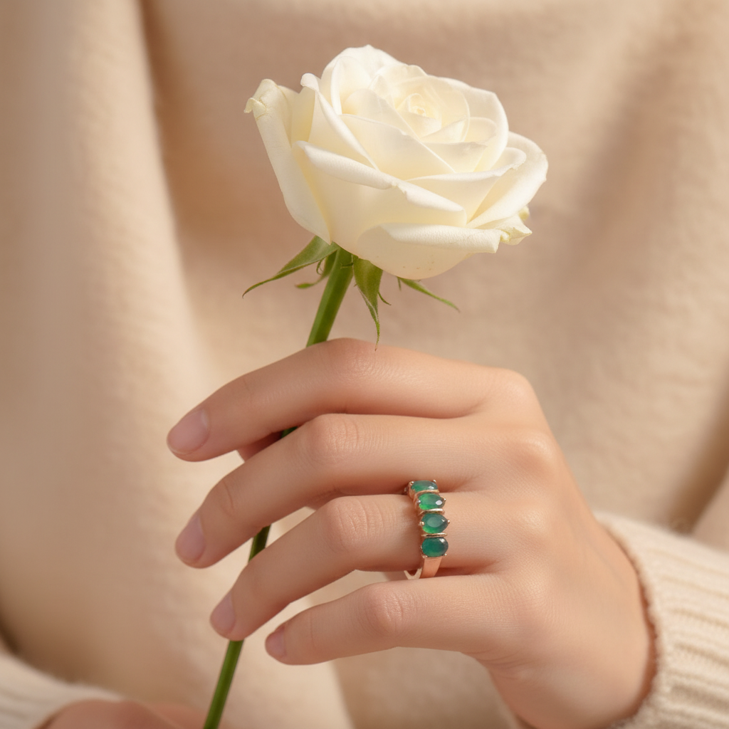 Natural Green Agate Ring & Hoop Earring Set in Sterling Silver