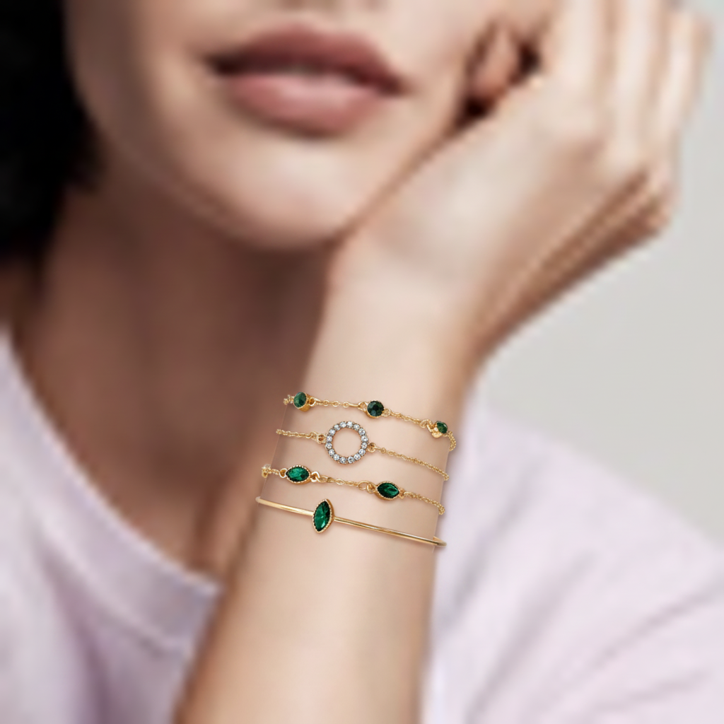 Pack Green Crystal Bracelets in Gold