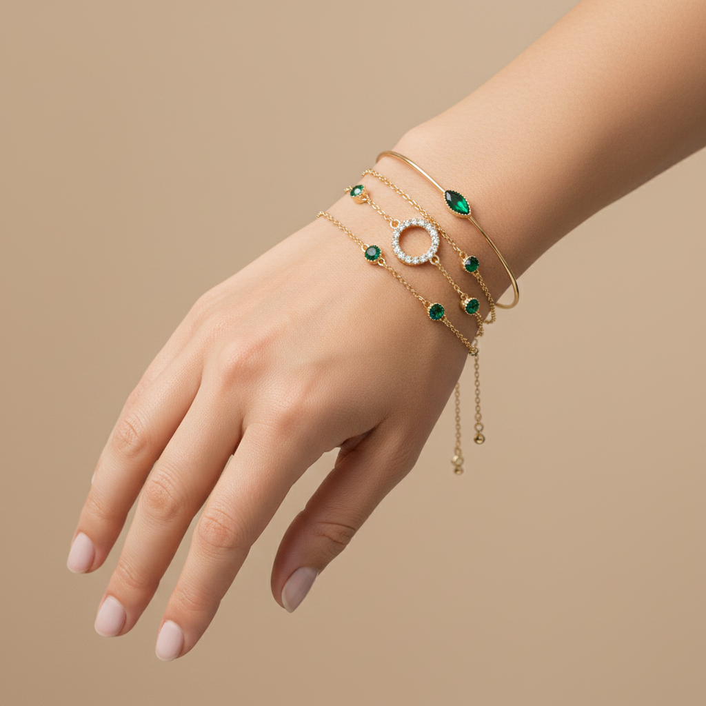 Pack Green Crystal Bracelets in Gold