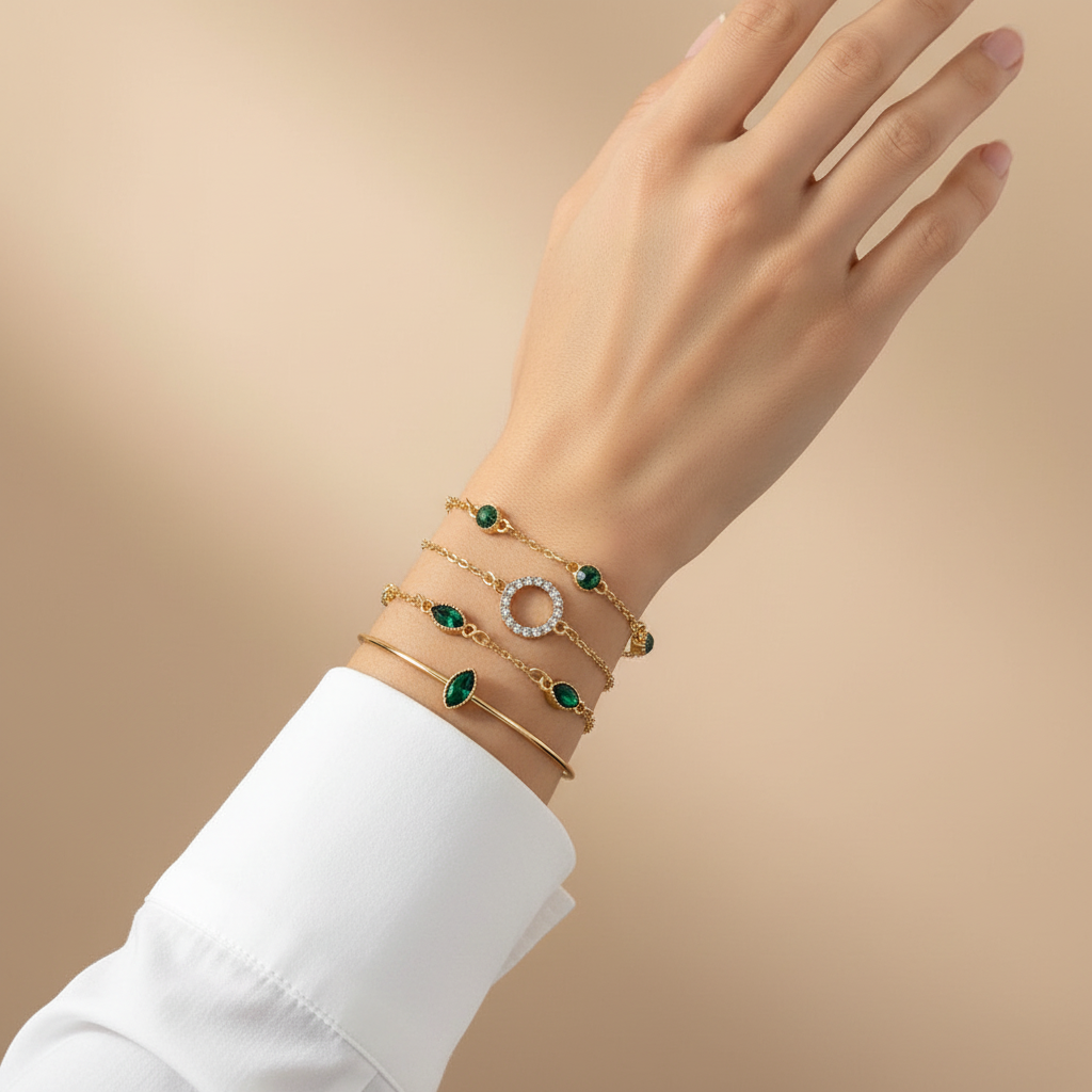 Pack Green Crystal Bracelets in Gold