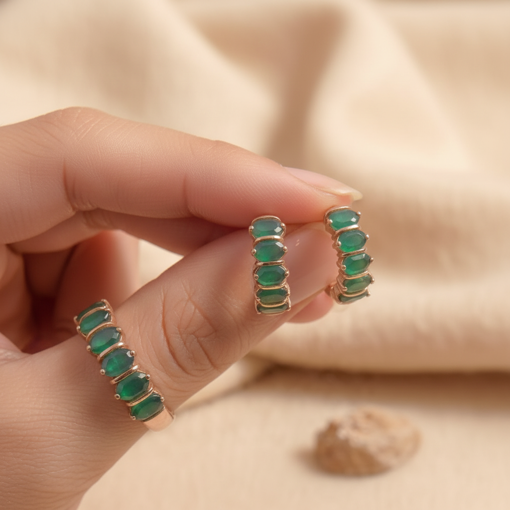 Natural Green Agate Ring & Hoop Earring Set in Sterling Silver
