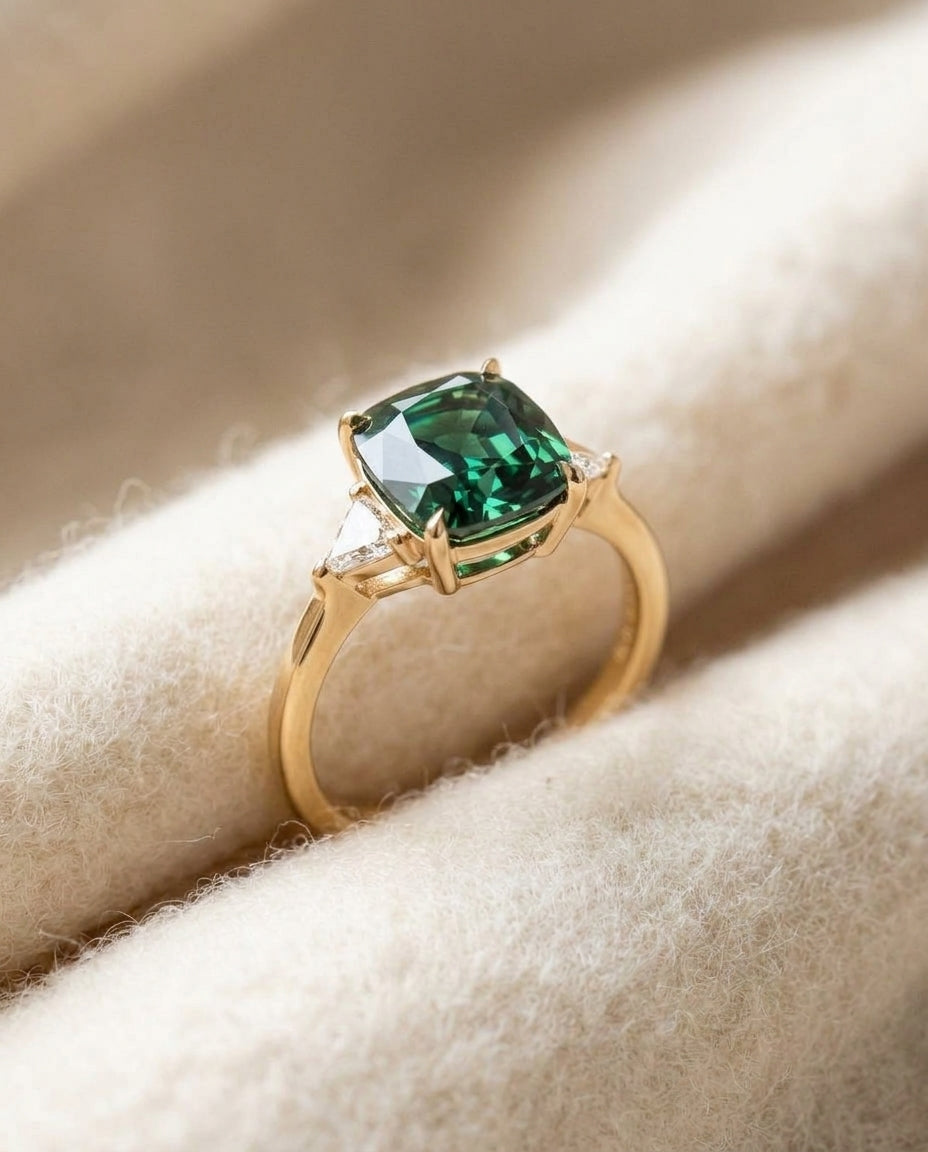 By Sophi Green Zirconia Ring in Gold, detail macro three-quarter view on warm cream wool