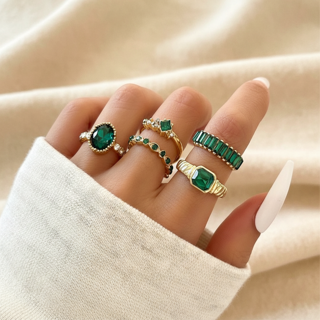 Green Zirconia Stacking Rings in Gold