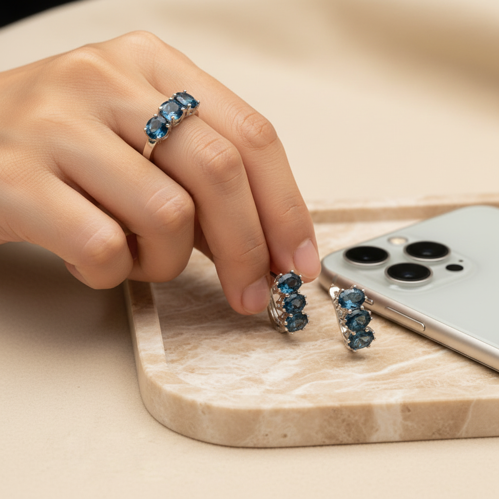 Natural London Blue Topaz Ring & Earring Set in Sterling Silver