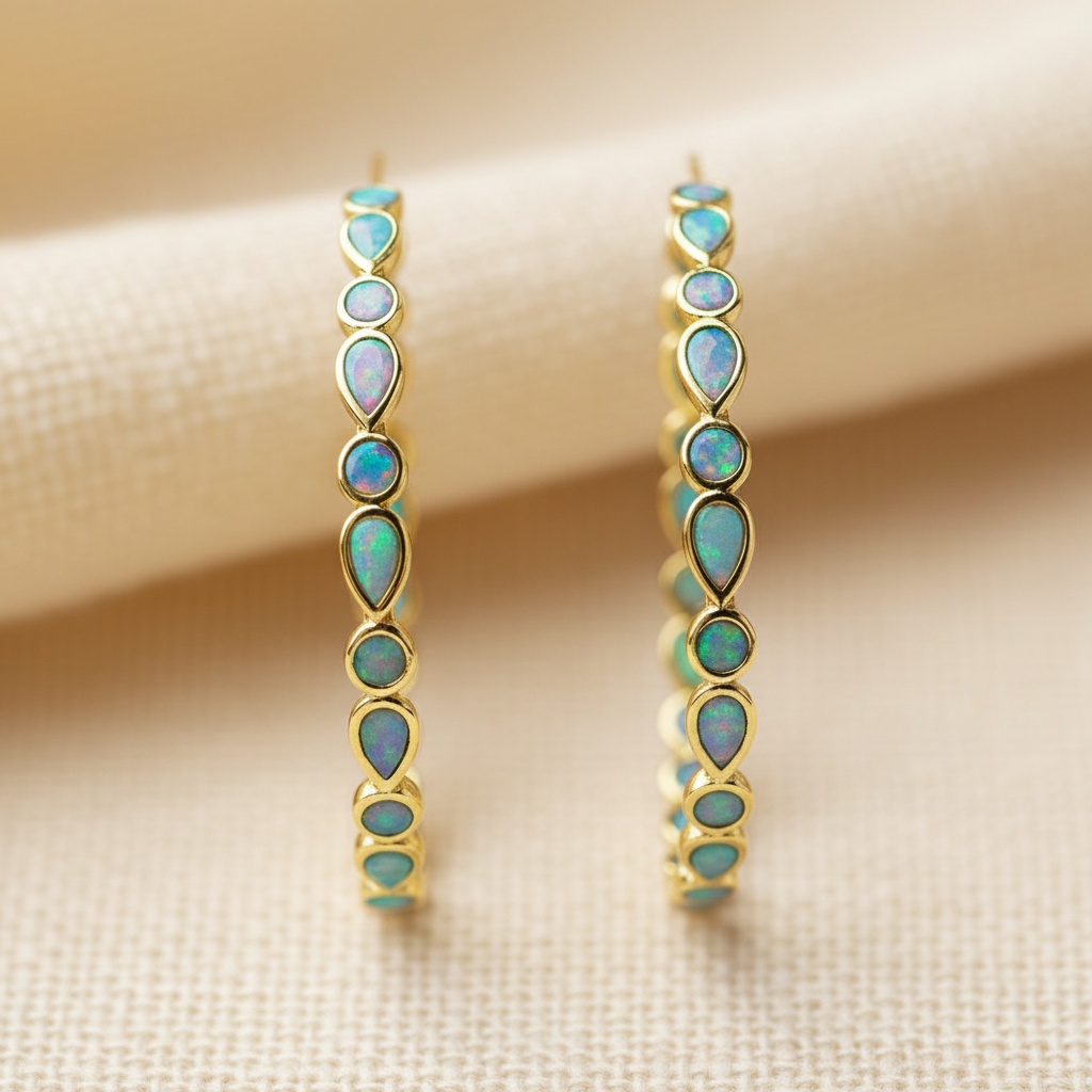 Vintage Blue Opal Golden Hoop Earrings