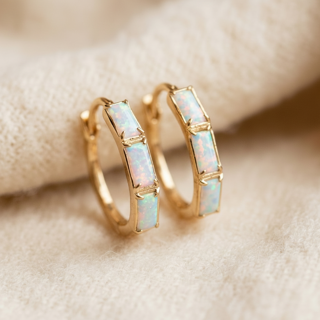 Vintage Opal Gold Hoop Earrings
