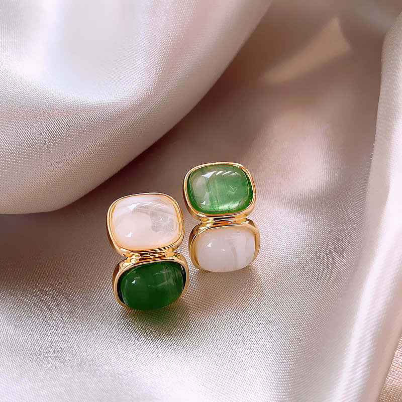 White & Green Stone Earrings in Gold