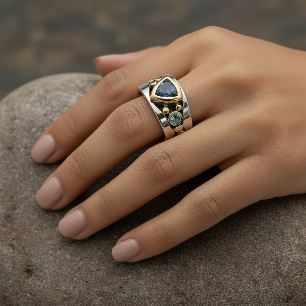 Silver ring with blue gemstone on a gradient background