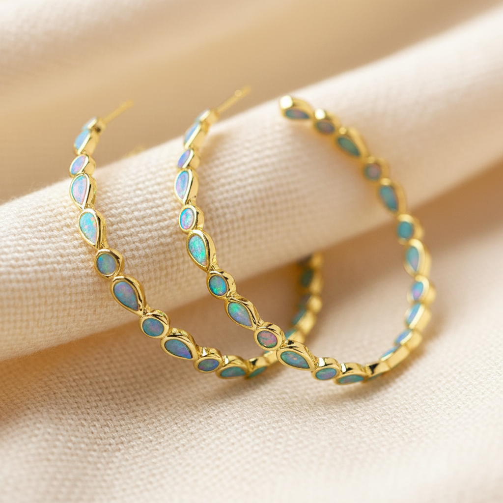 Vintage Blue Opal Golden Hoop Earrings