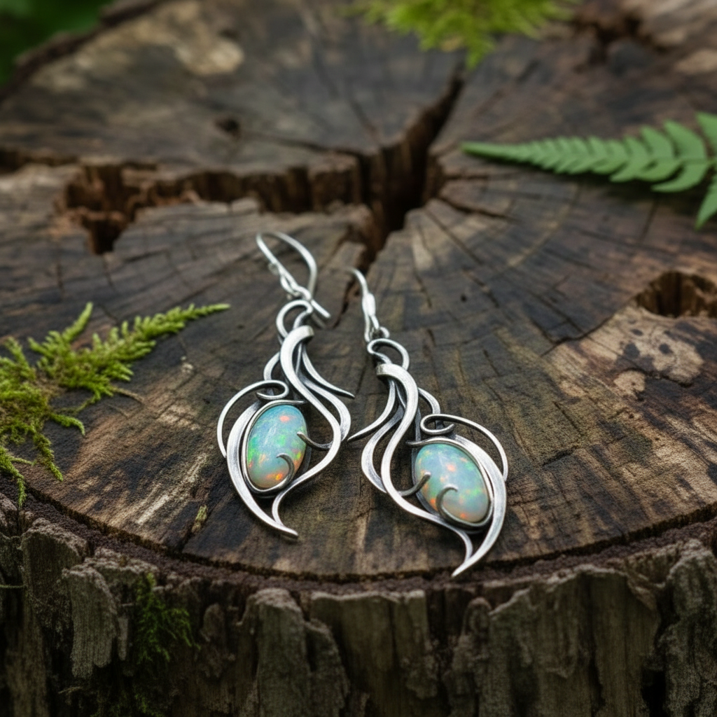 Vintage White Opal Silver Scroll Earrings