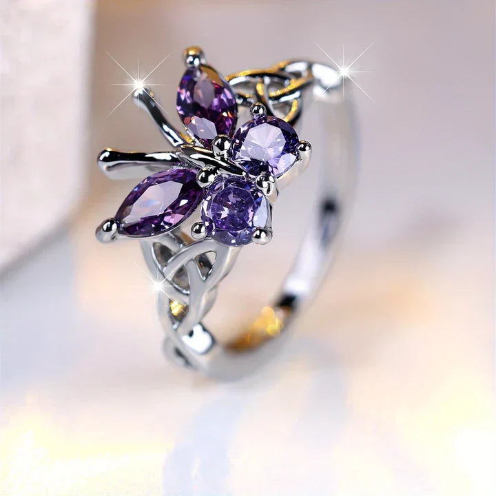 Purple Butterfly Silver Ring
