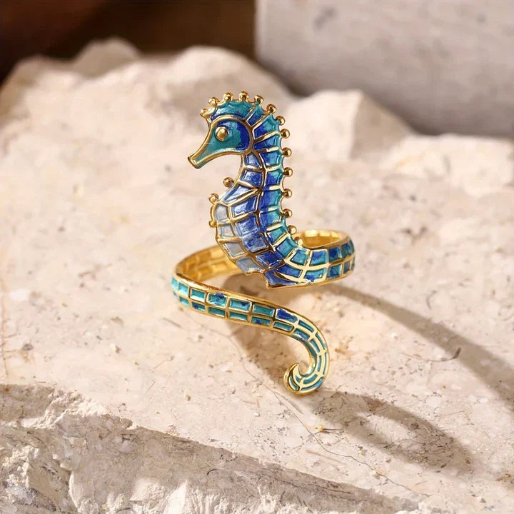 Adjustable Blue Seahorse Gold Ring