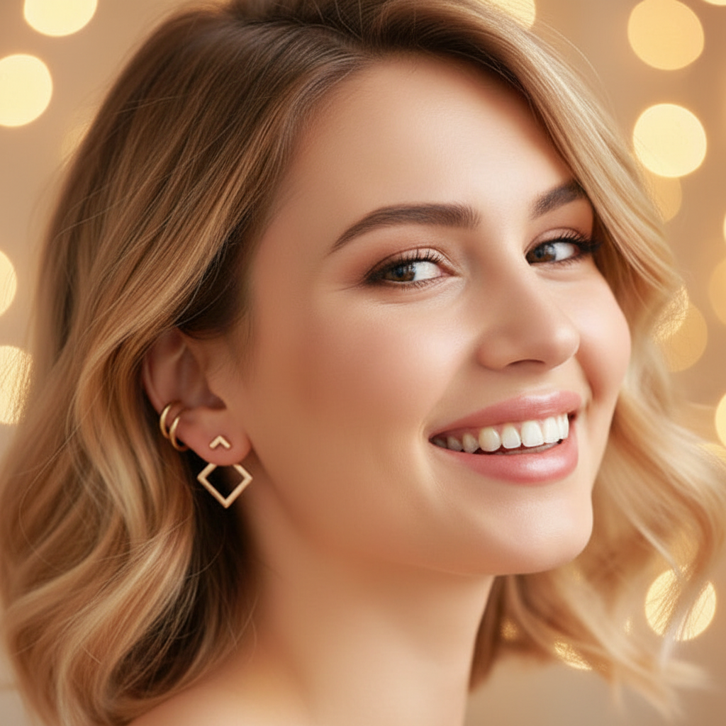 Happy Woman wearing Gold Plated Multi Layer Earrings - Front Smile